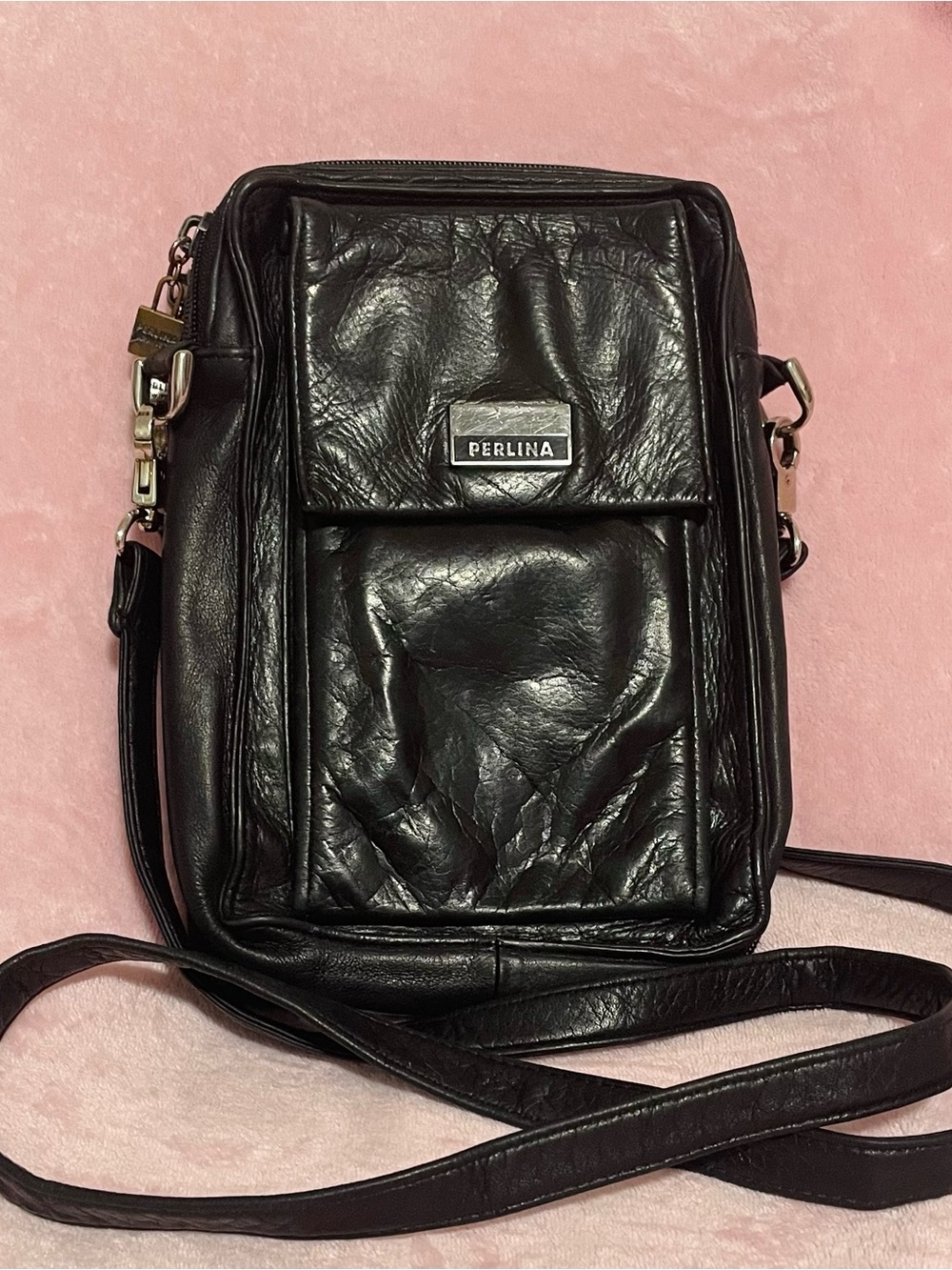 Perlina Black Leather Crossbody Bag